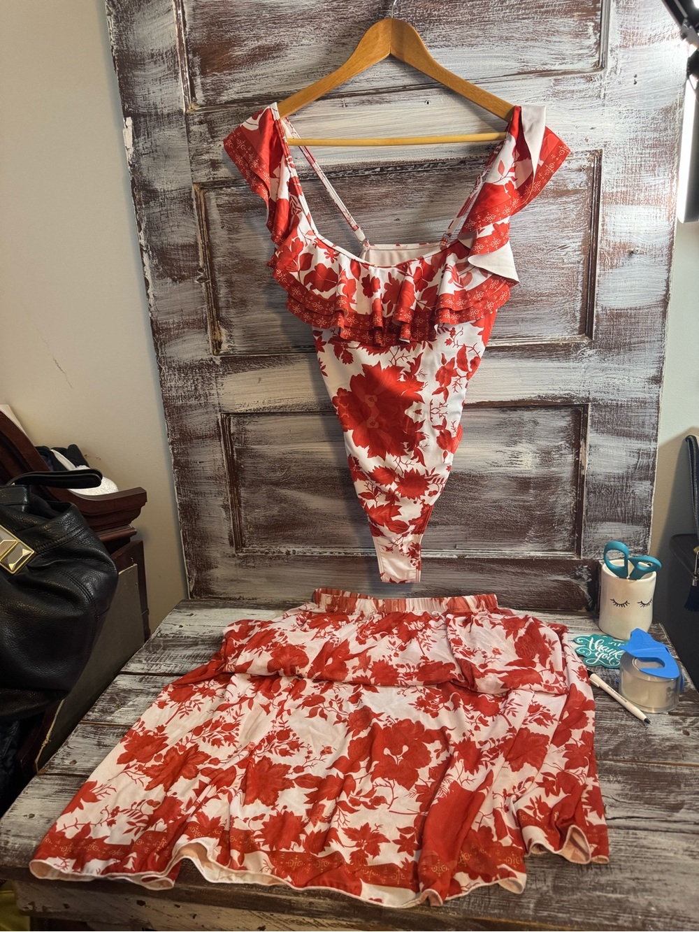 Red Floral Ruffle One-Piece Swimsuit - Women